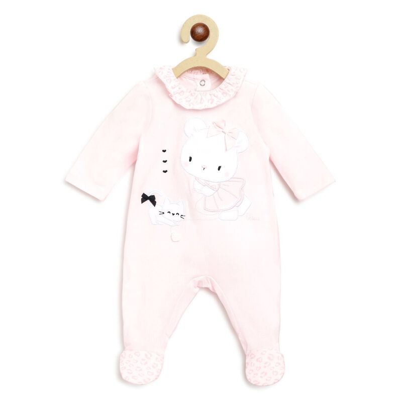 Girls Light Pink Printed Nappy Opening Babysuit image number null